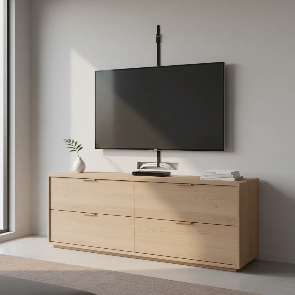 Safe TV setup on dresser with anti tip strap and organized electronics