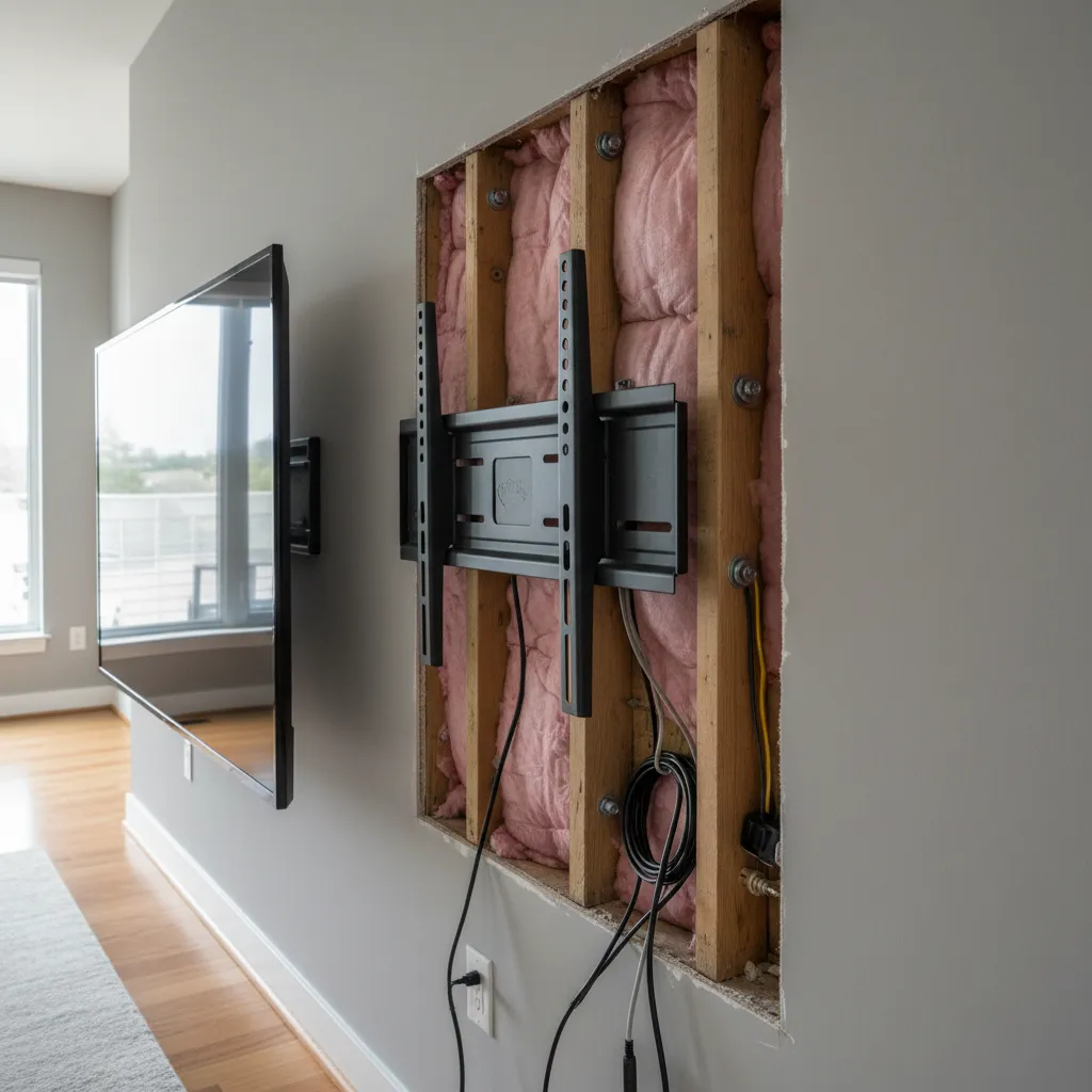 Proper wall stud TV mount installation in living room