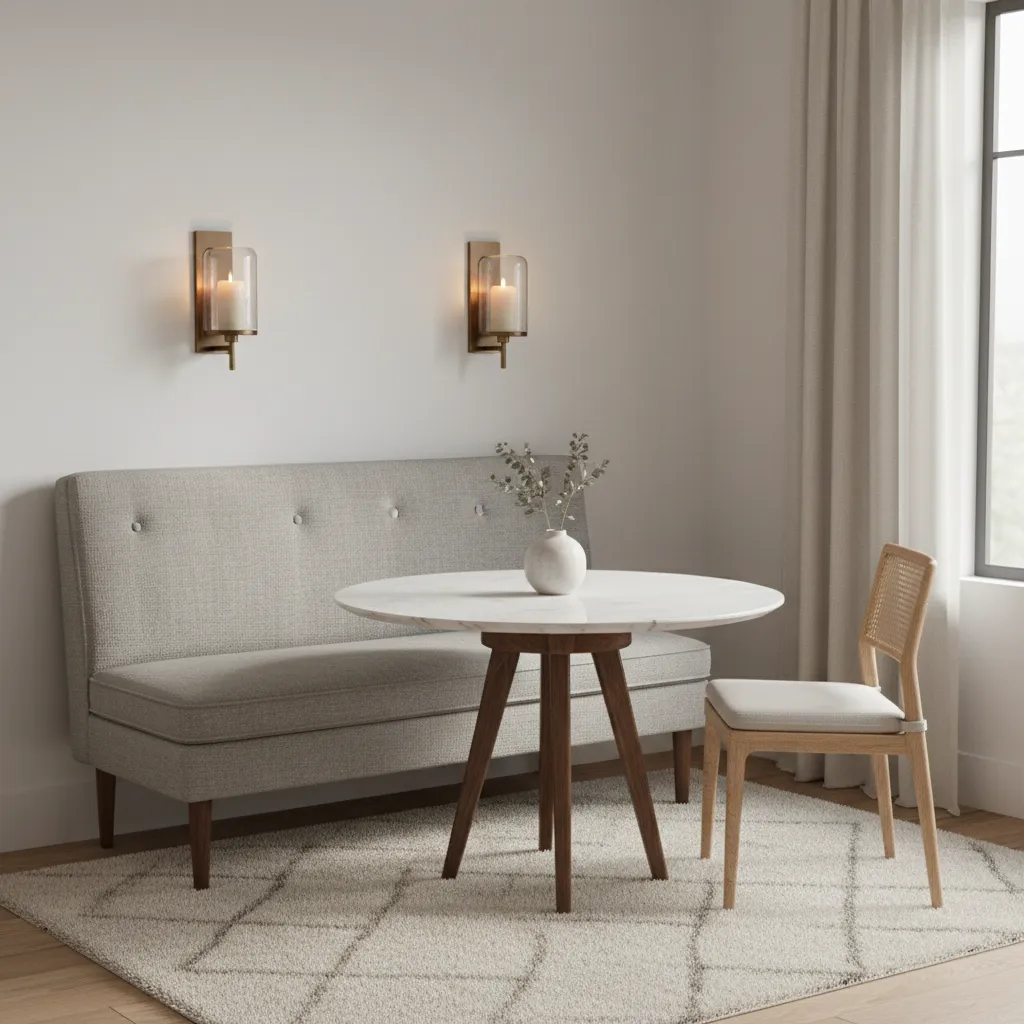 Properly spaced wall candle sconces above furniture in a small dining area