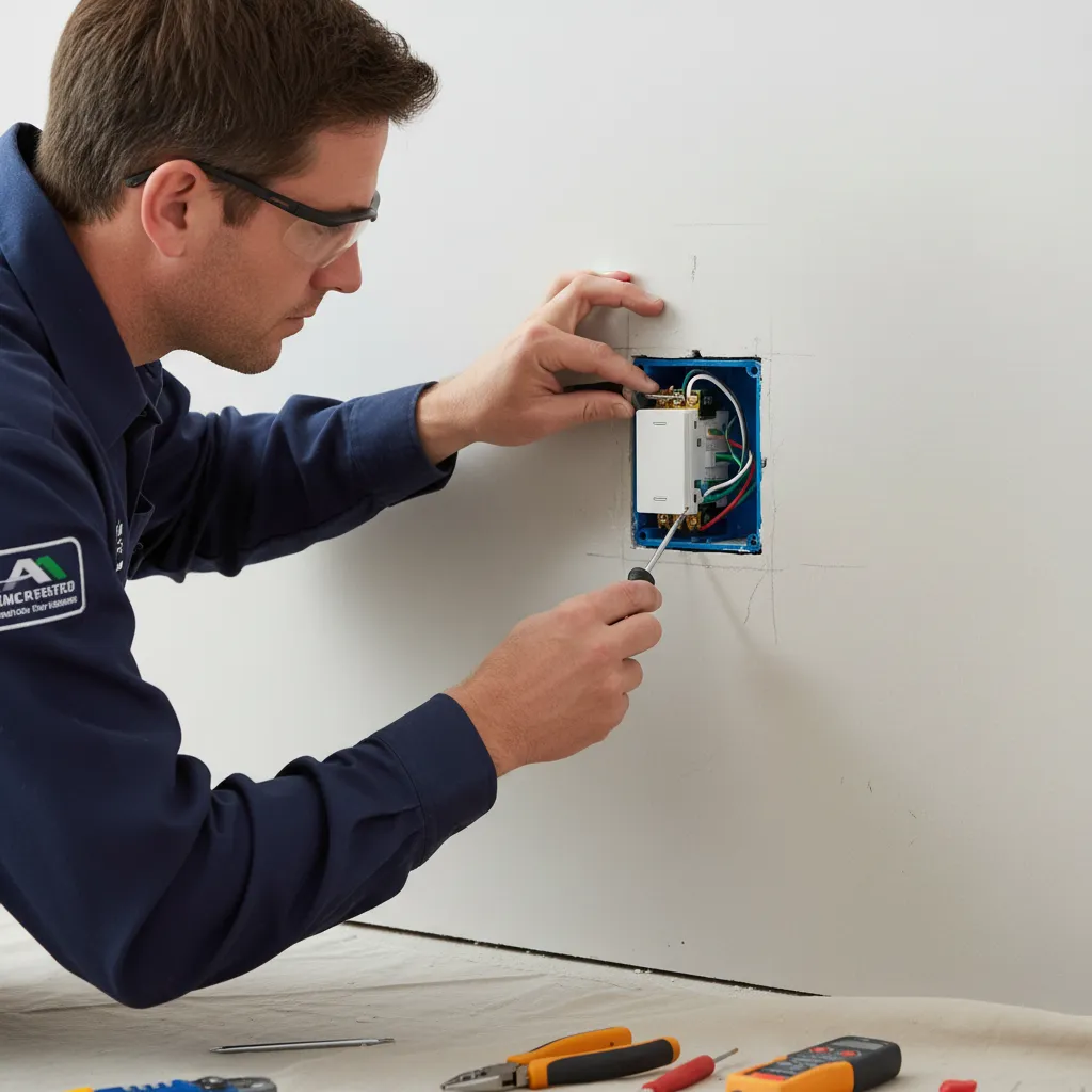 Electrician installing wall light switch safely inside electrical box
