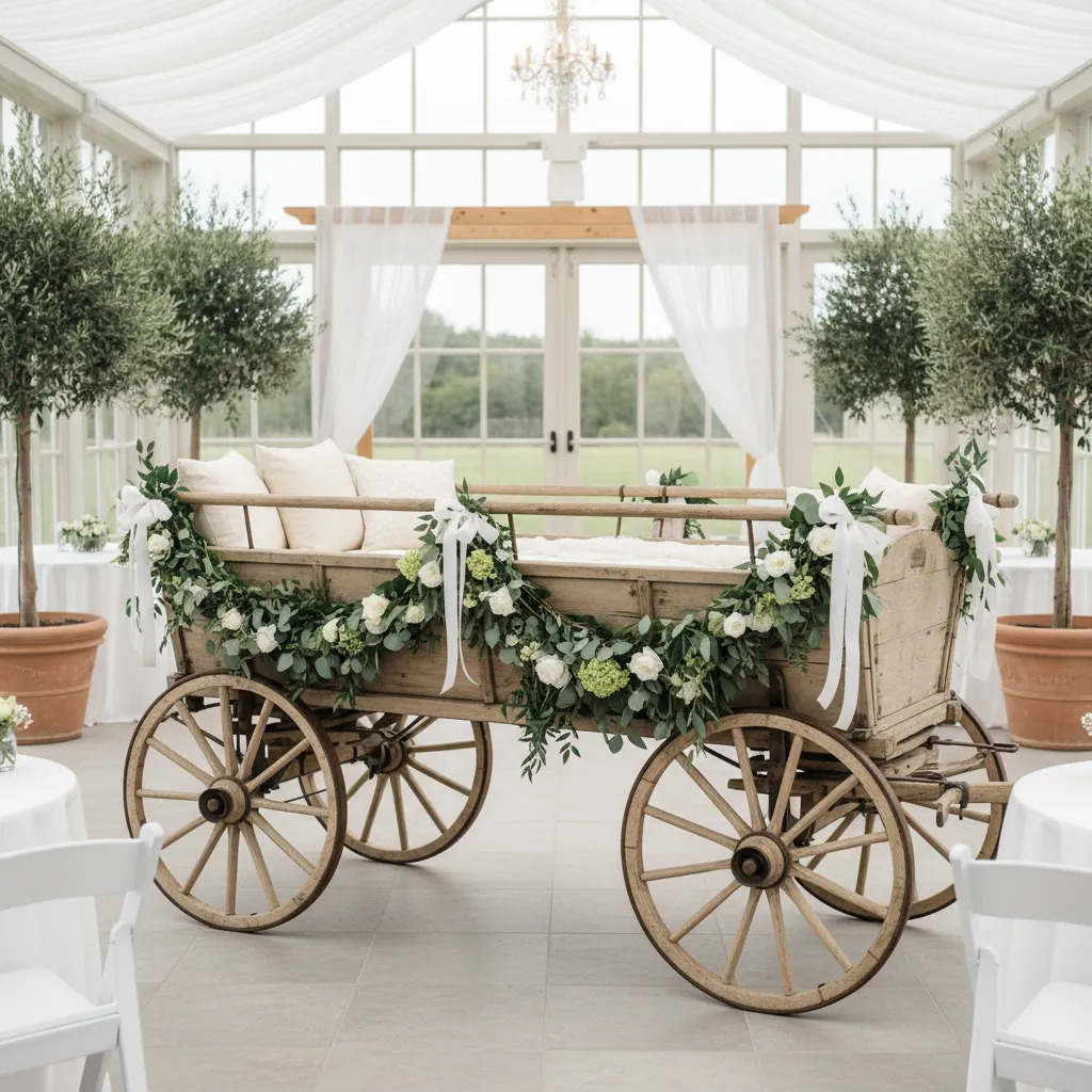 wedding wagon with decorations attached above wheels avoiding moving parts