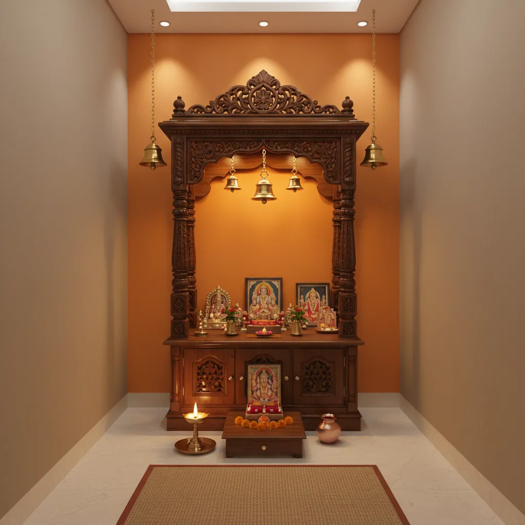 Pooja room with saffron accent wall and wooden mandir unit