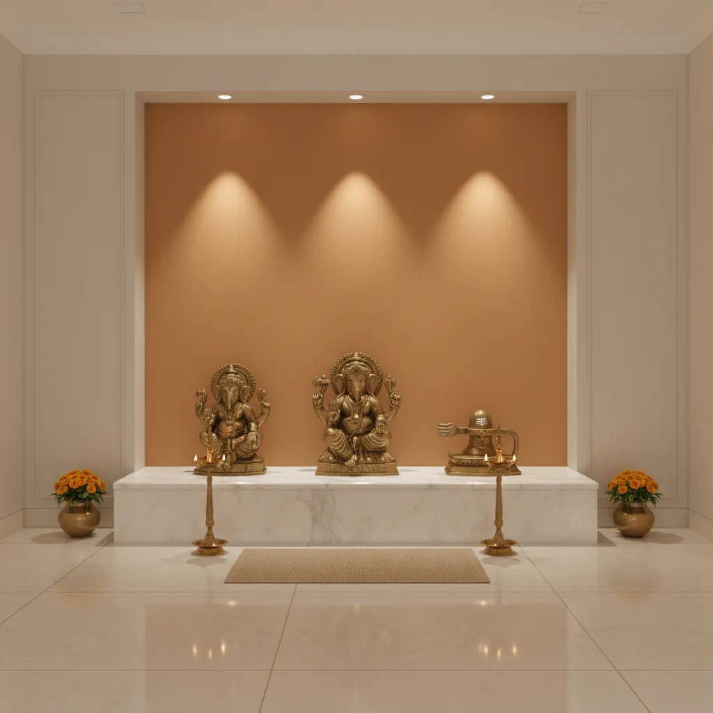 Home temple with muted saffron accent wall behind idols