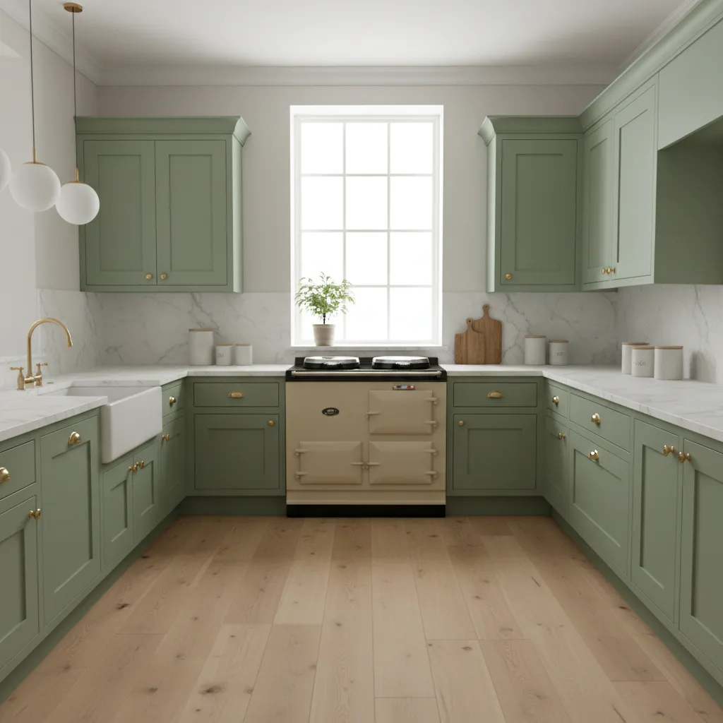 Sage green kitchen cabinets paired with cream AGA cooker and marble countertops