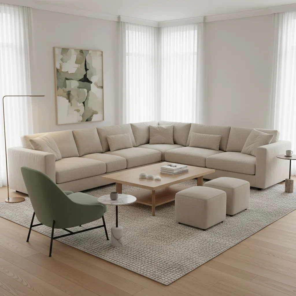 Living room layout showing sage green chair with beige sofa arrangement