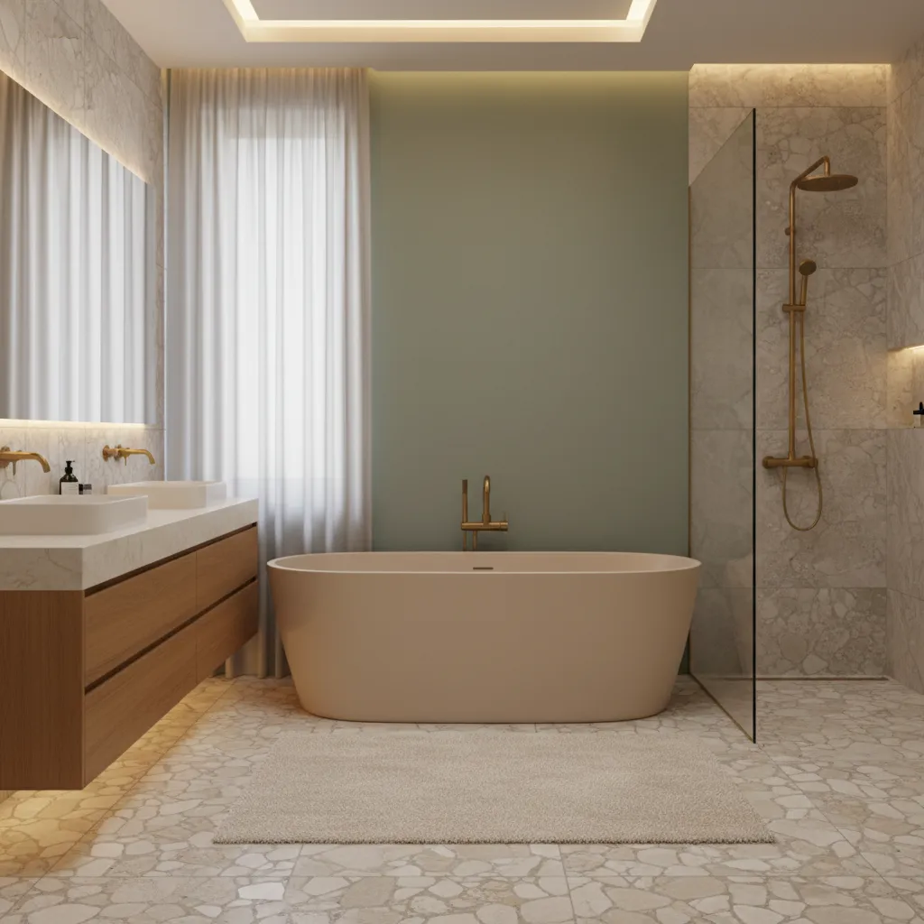 Sage green bathroom walls with almond fixtures