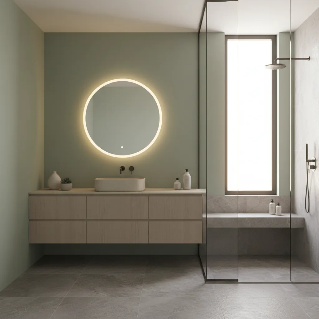 Spa style bathroom with sage green walls and modern vanity