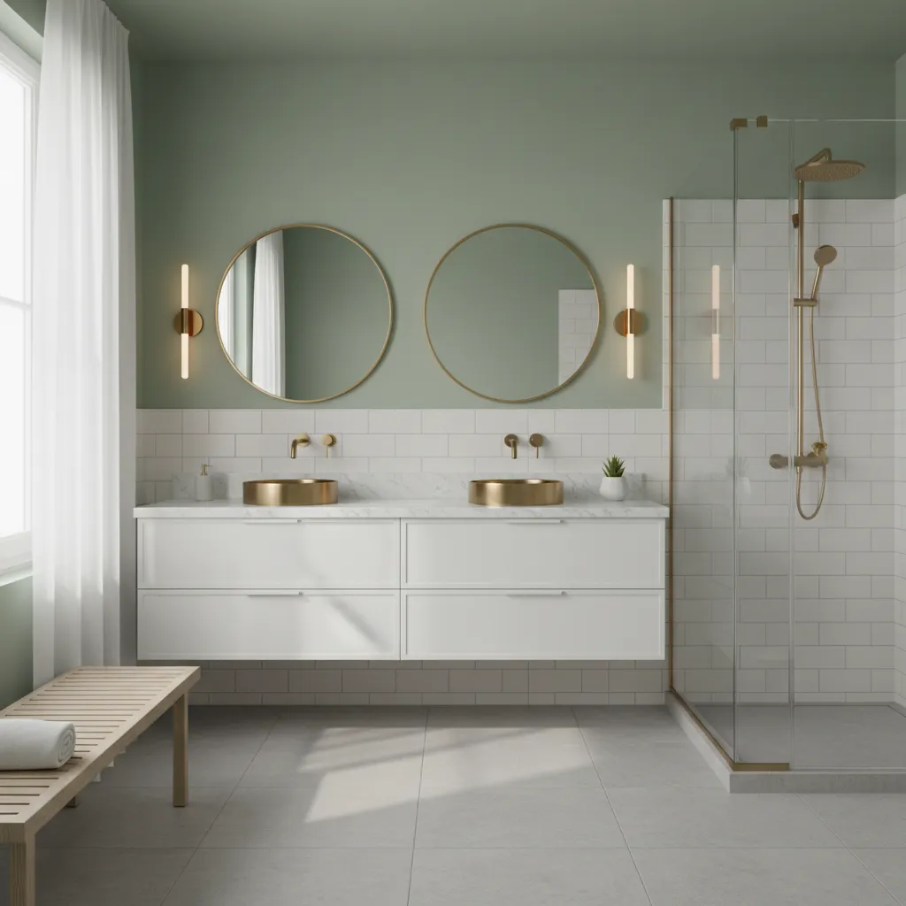 bathroom with soft sage green walls and modern vanity