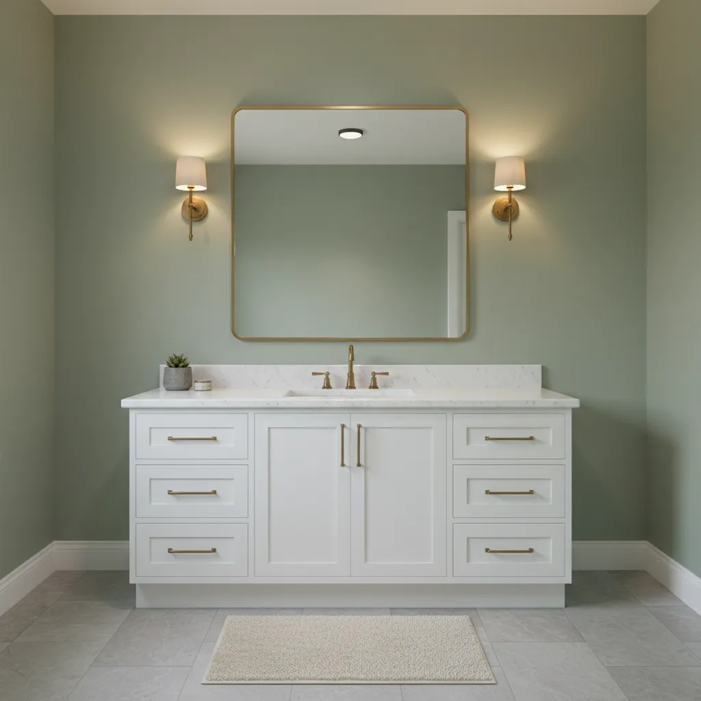 Bathroom with sage green walls under warm lighting showing natural color tones