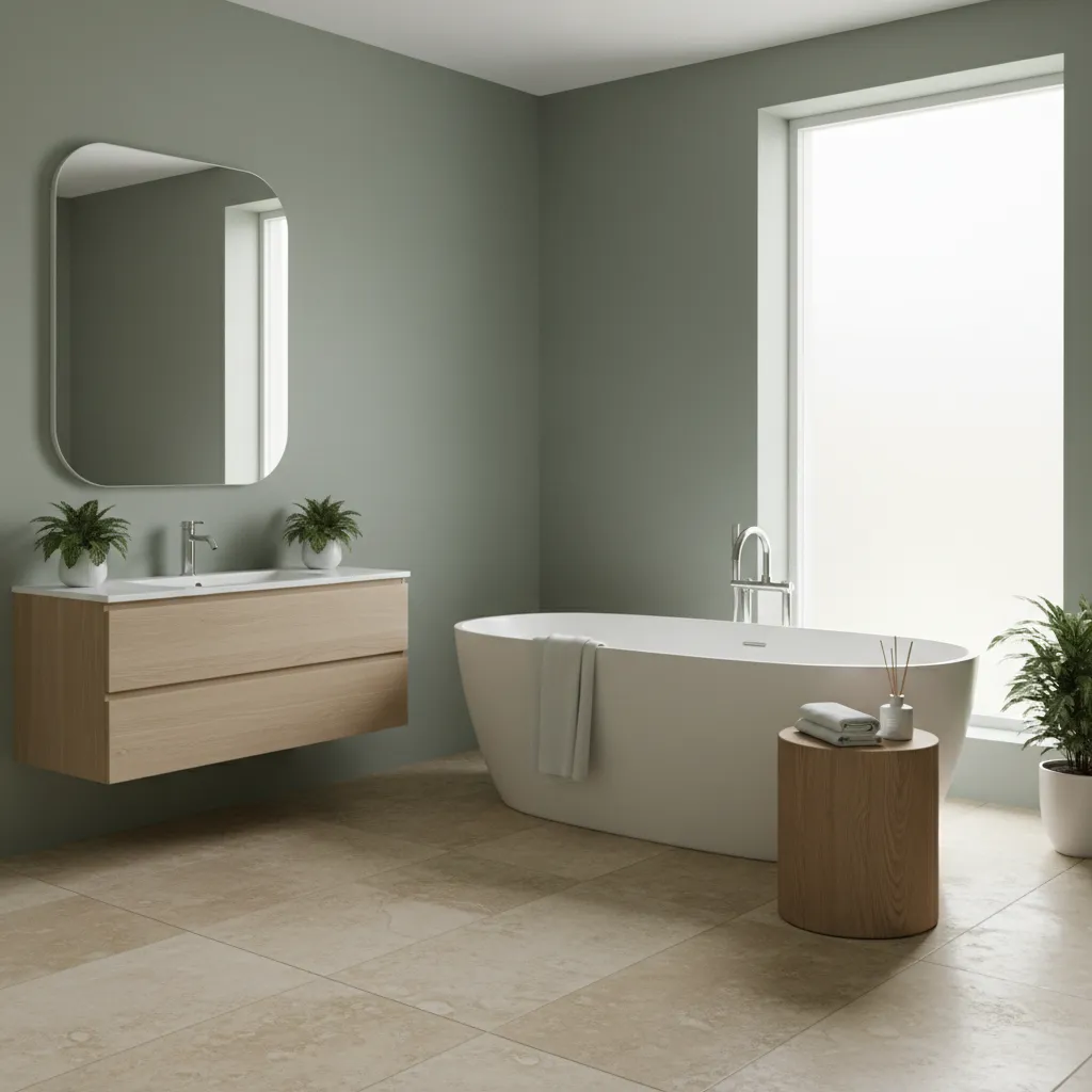 Serene bathroom interior with sage green walls and natural wood accents