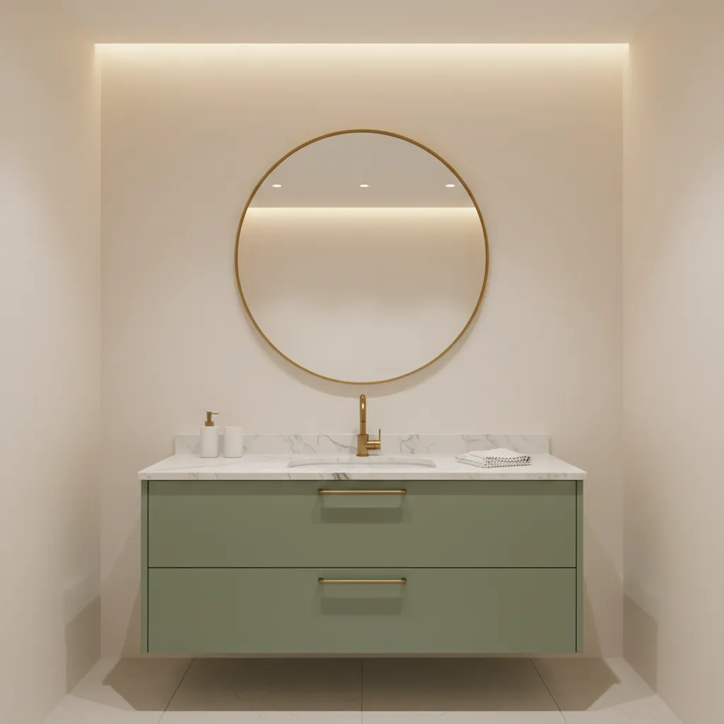 Sage green vanity with brass faucet and marble countertop in modern bathroom