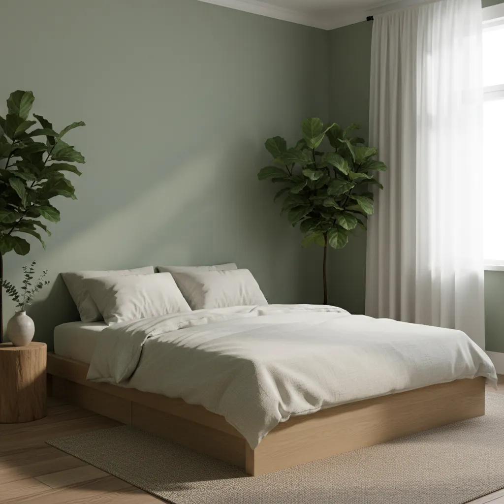 Sage green bedroom with natural materials and calming design