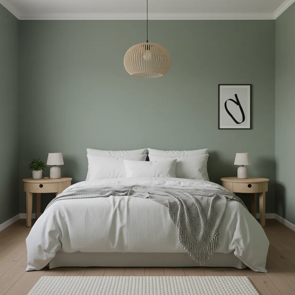 sage green bedroom with oak bedside tables and linen bedding