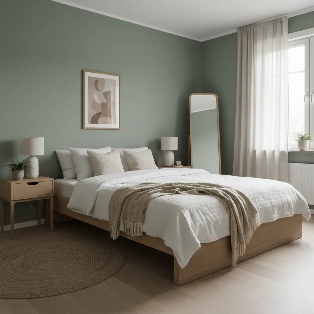 Calming bedroom with sage green walls and light oak furniture