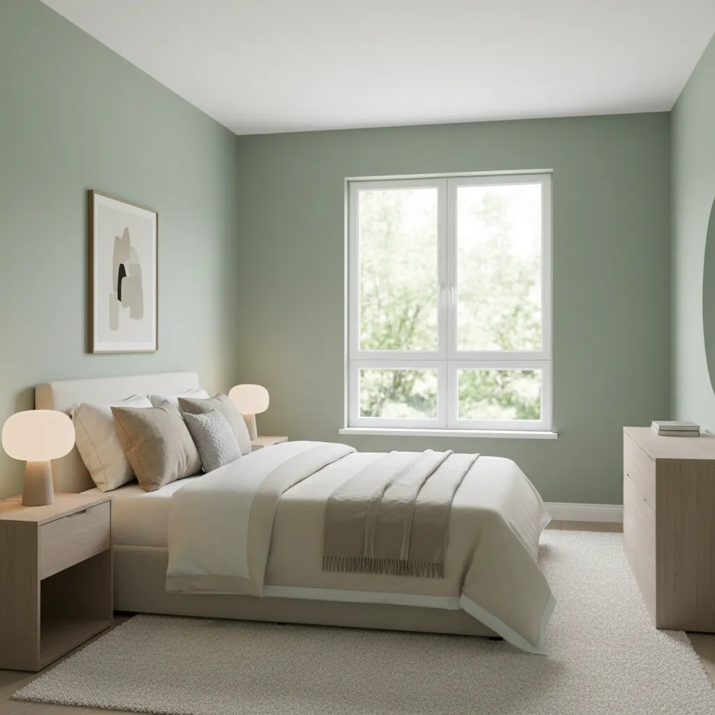 Soft sage green bedroom wall color with neutral bedding and natural light