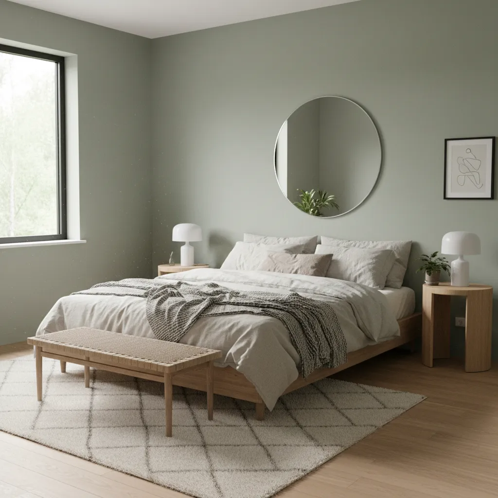 Calm bedroom with muted sage green walls and natural materials