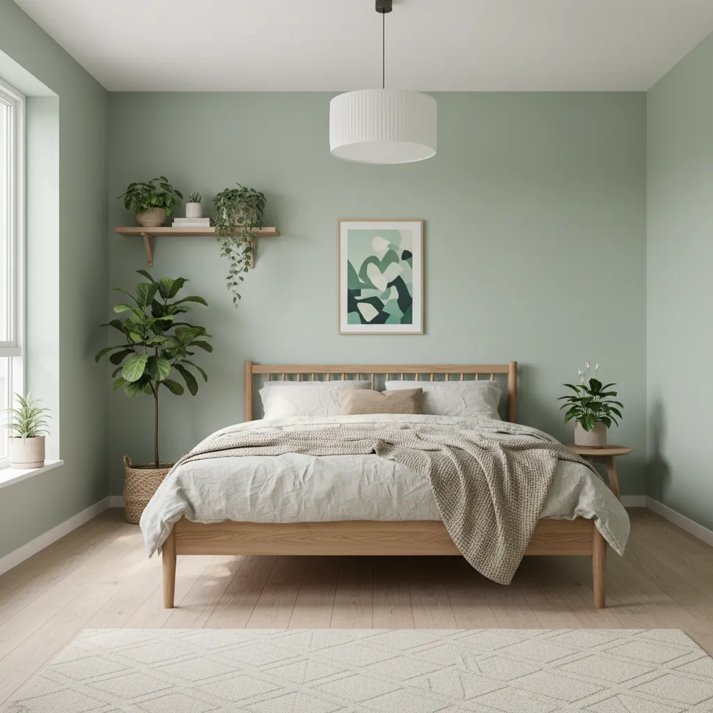 Calm sage green bedroom with wood furniture and soft natural lighting