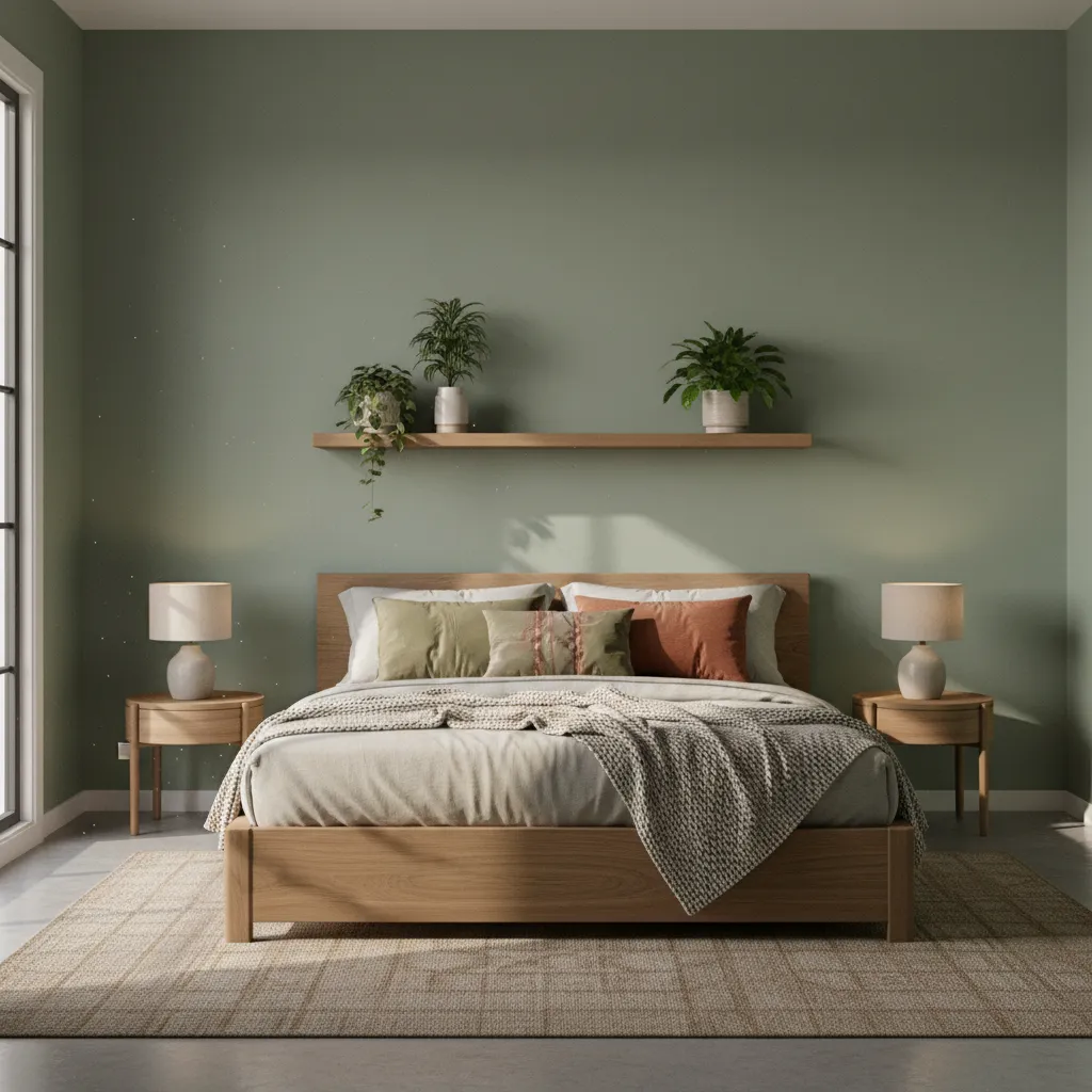 Bedroom with soft sage green walls and natural materials