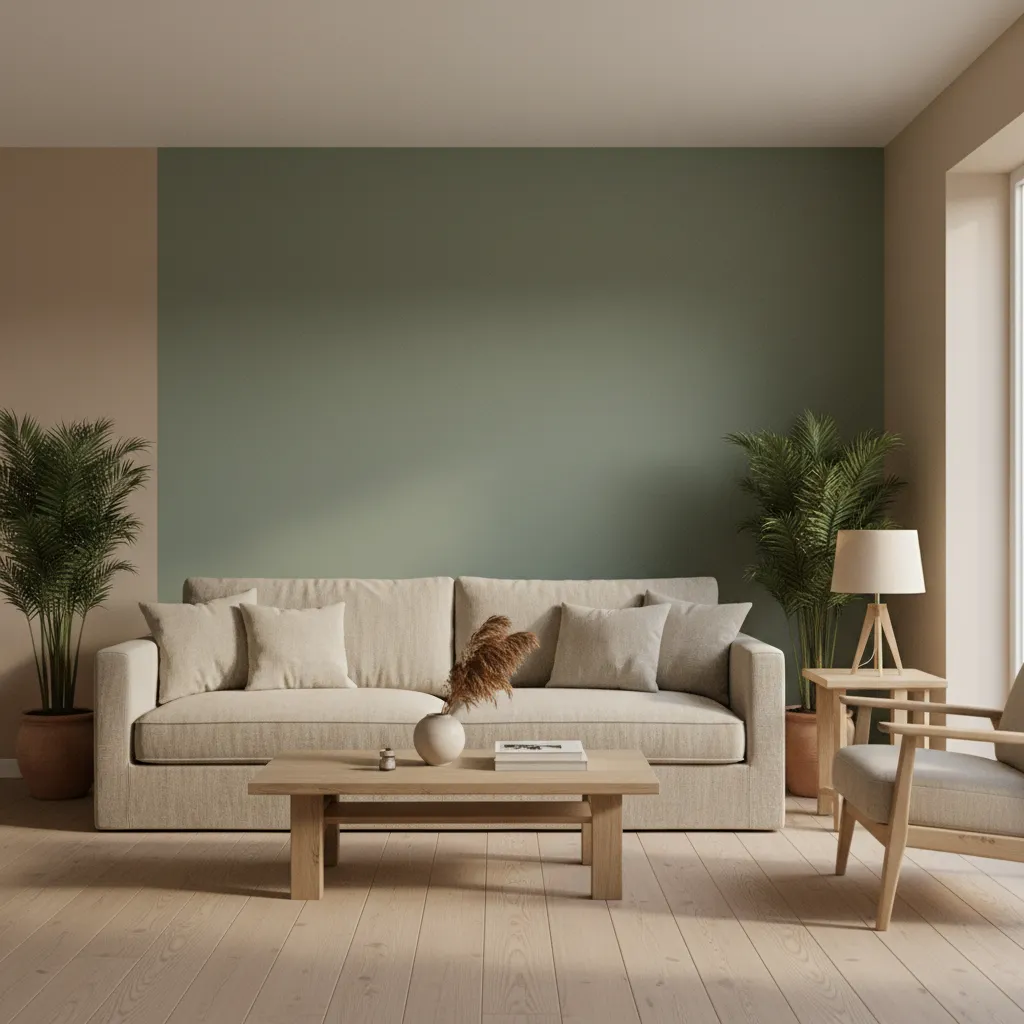 Living room with sage green wall paired with warm beige walls and natural textures