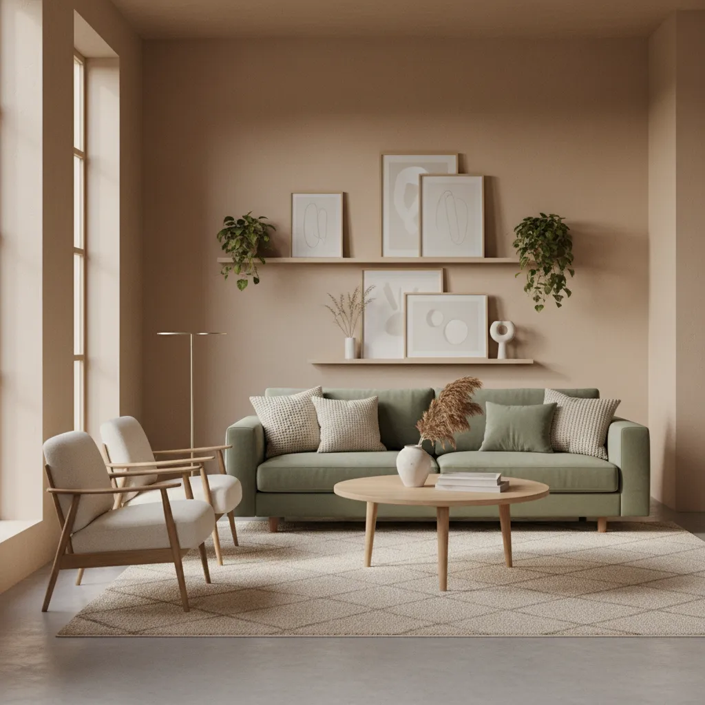 Living room with beige walls and sage green sofa