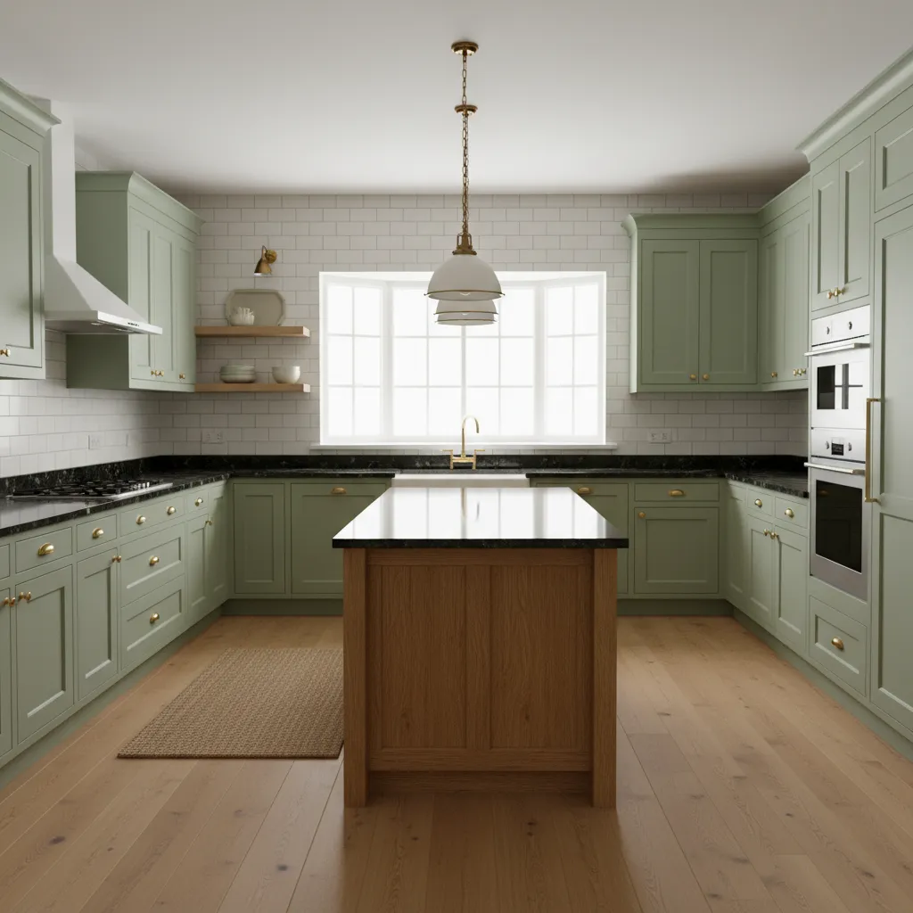 Sage green kitchen cabinets paired with black granite counters