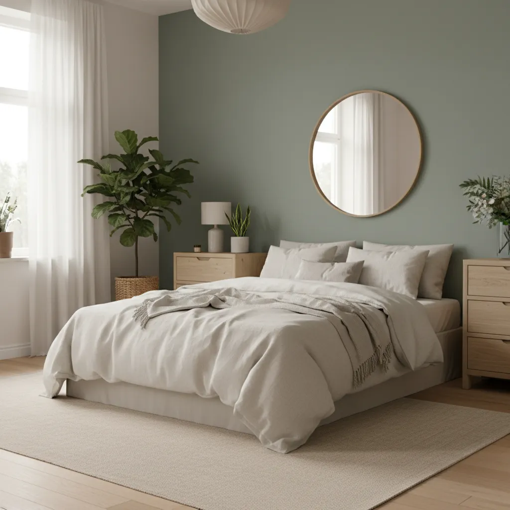 bedroom with sage green wall and cream bedding palette