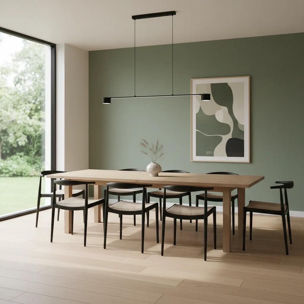 sage green dining room walls with oak table and modern lighting