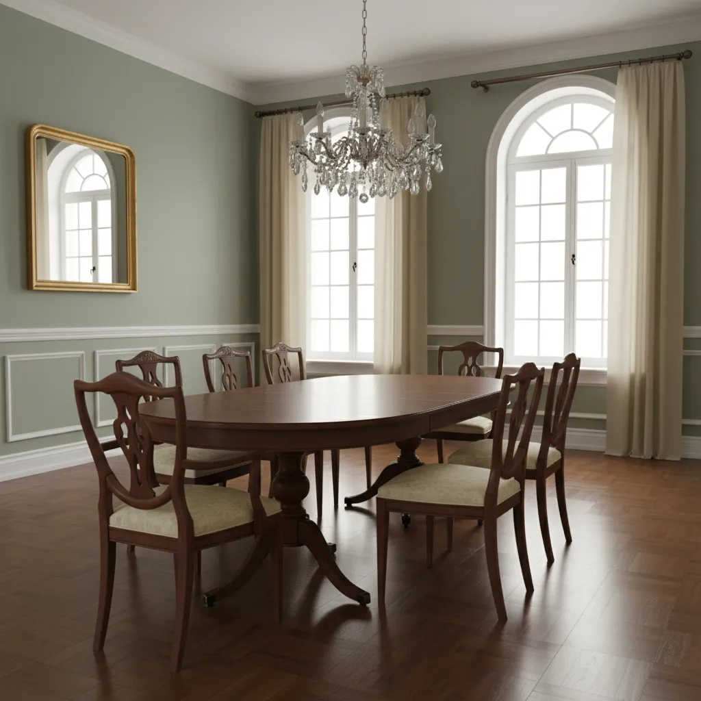 Traditional dining room with sage green walls and mahogany dining furniture