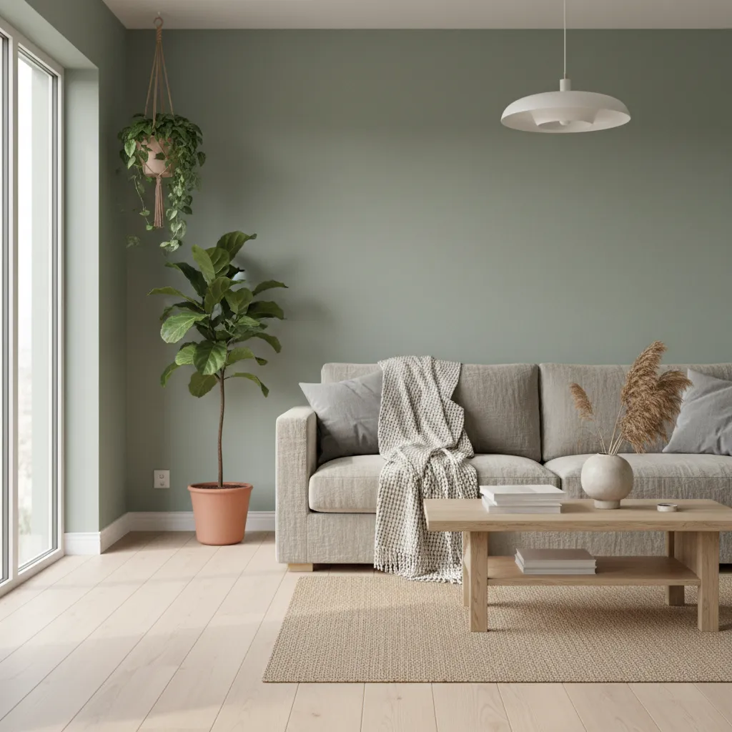 Living room with soft sage green dulux walls neutral sofa and indoor plants