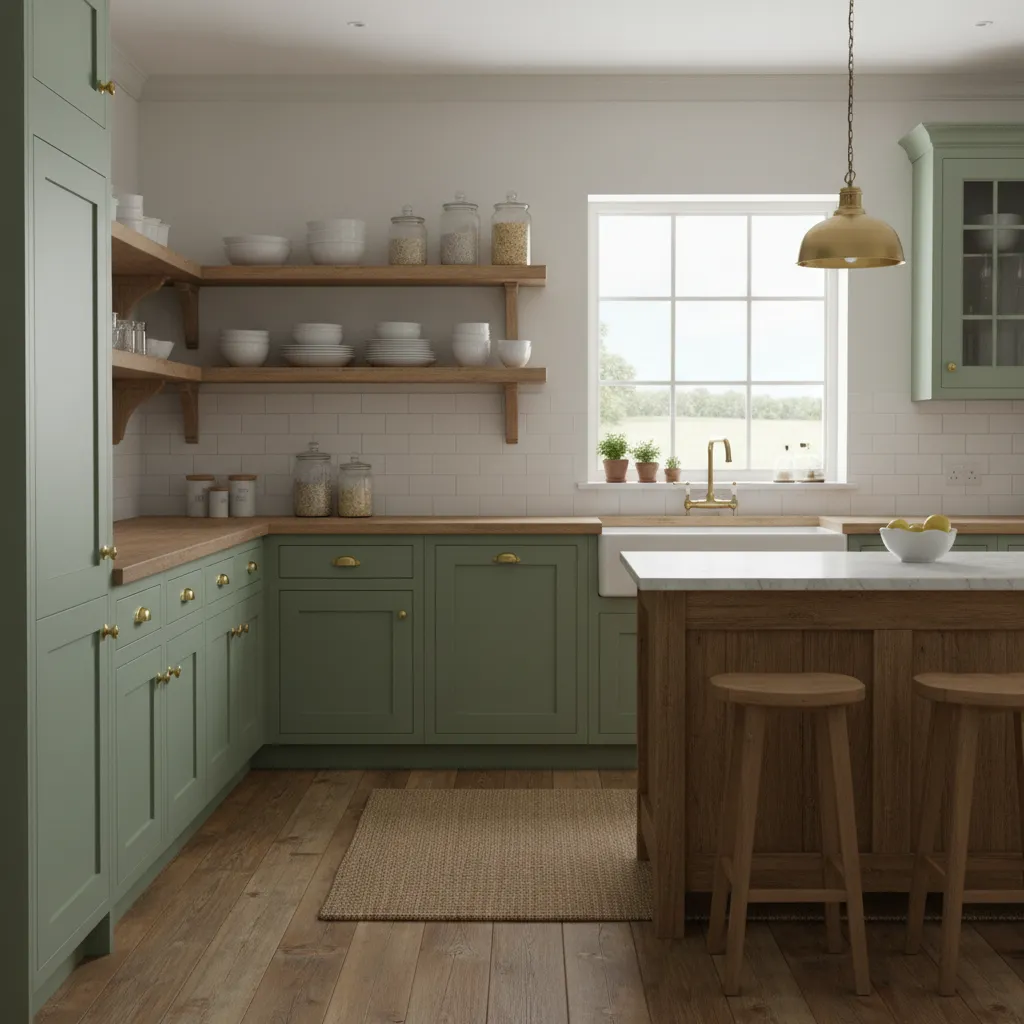 Farmhouse kitchen with sage green cabinets and wood shelves