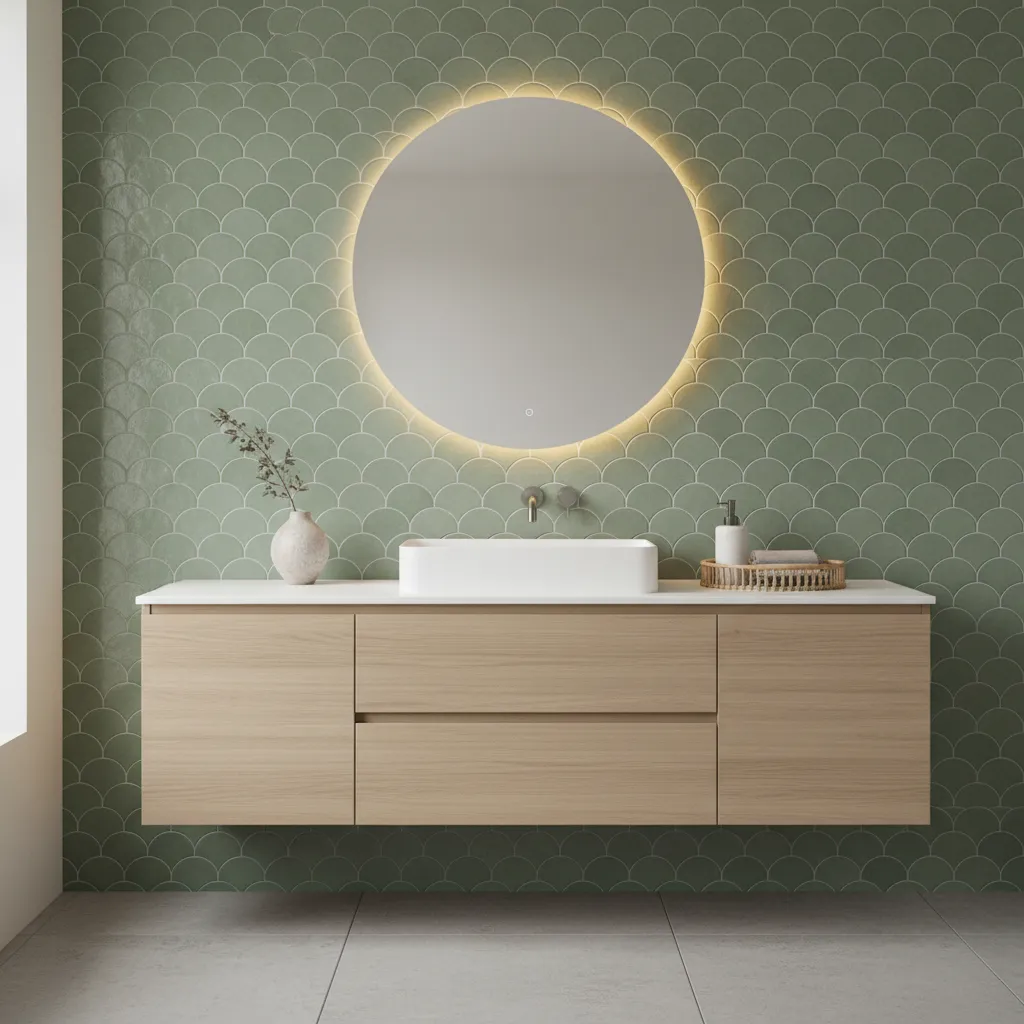 Sage green fish scale tiles used behind a floating bathroom vanity