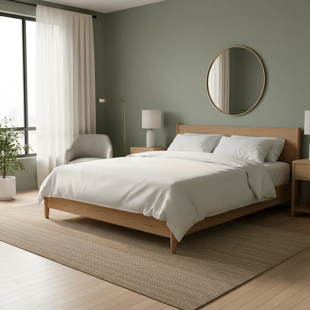 Guest bedroom with sage green walls and warm wood furniture