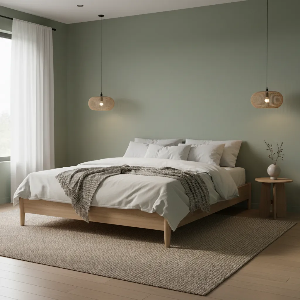 Guest bedroom with muted sage green walls and natural wood furniture