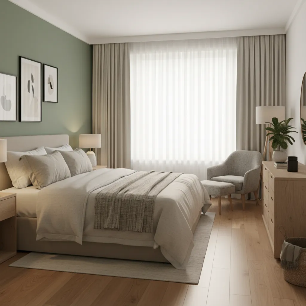 Hotel room with sage green accent wall and neutral bedding