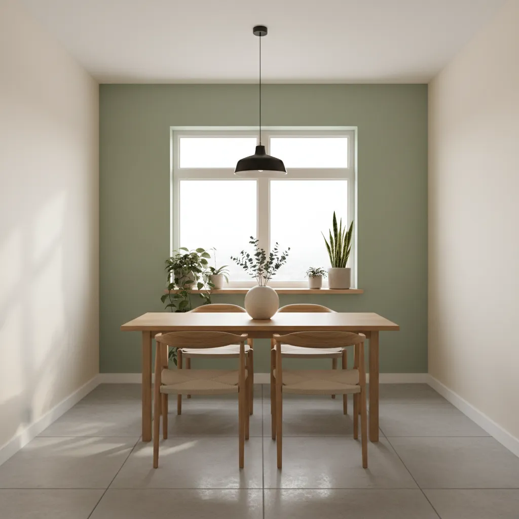 Small dining room with sage green accent wall and ivory walls