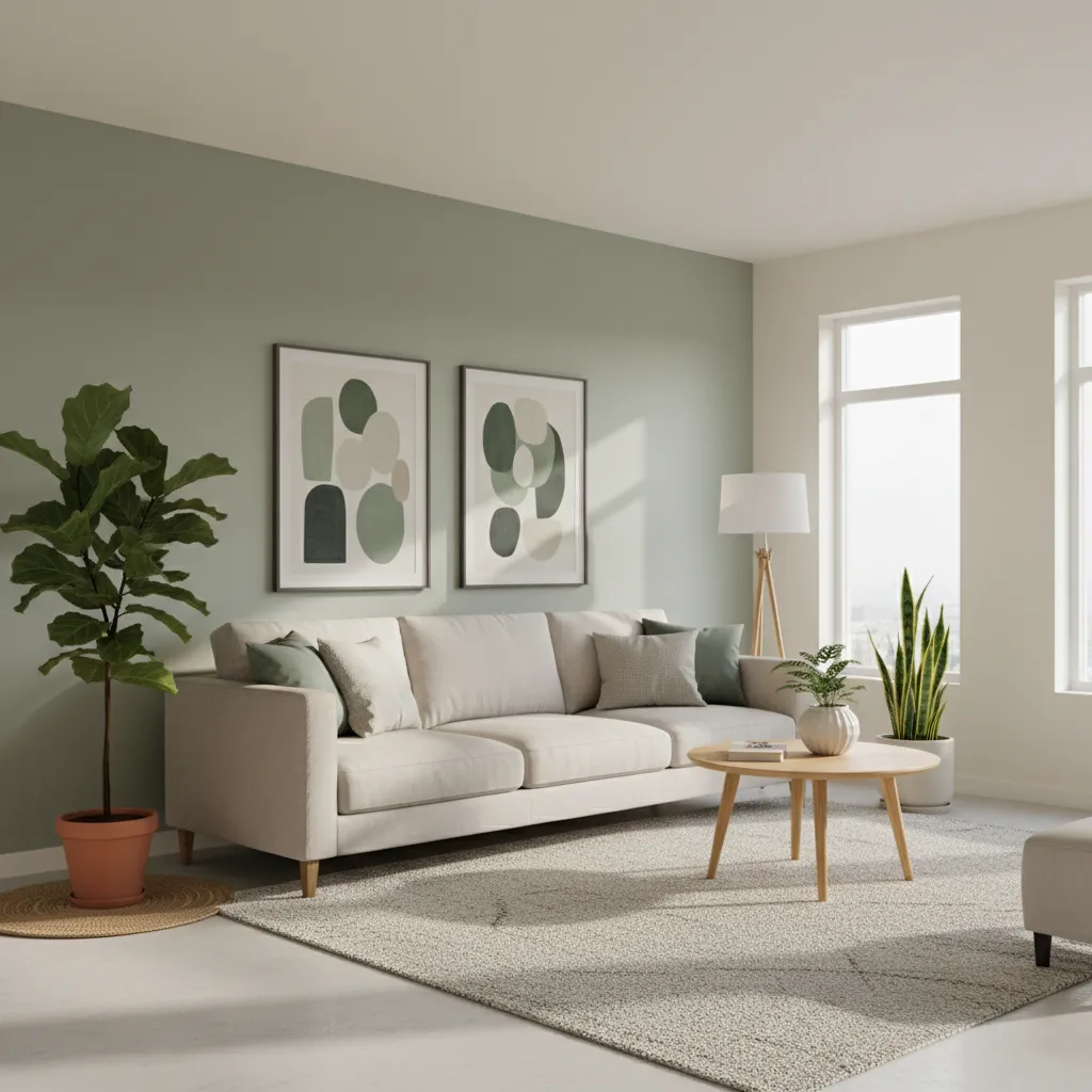 Sage green accent wall with ivory living room walls and modern furniture