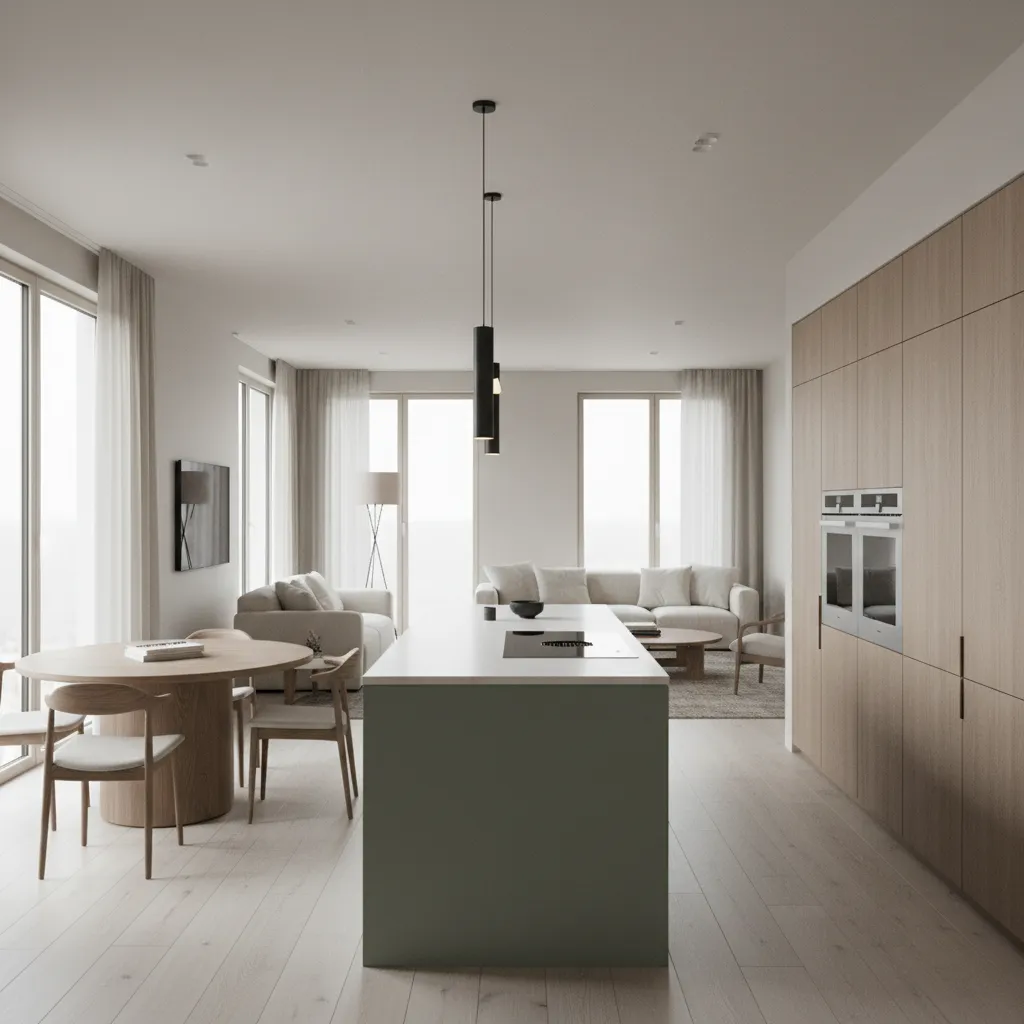 Sage green kitchen accent with neutral living room palette