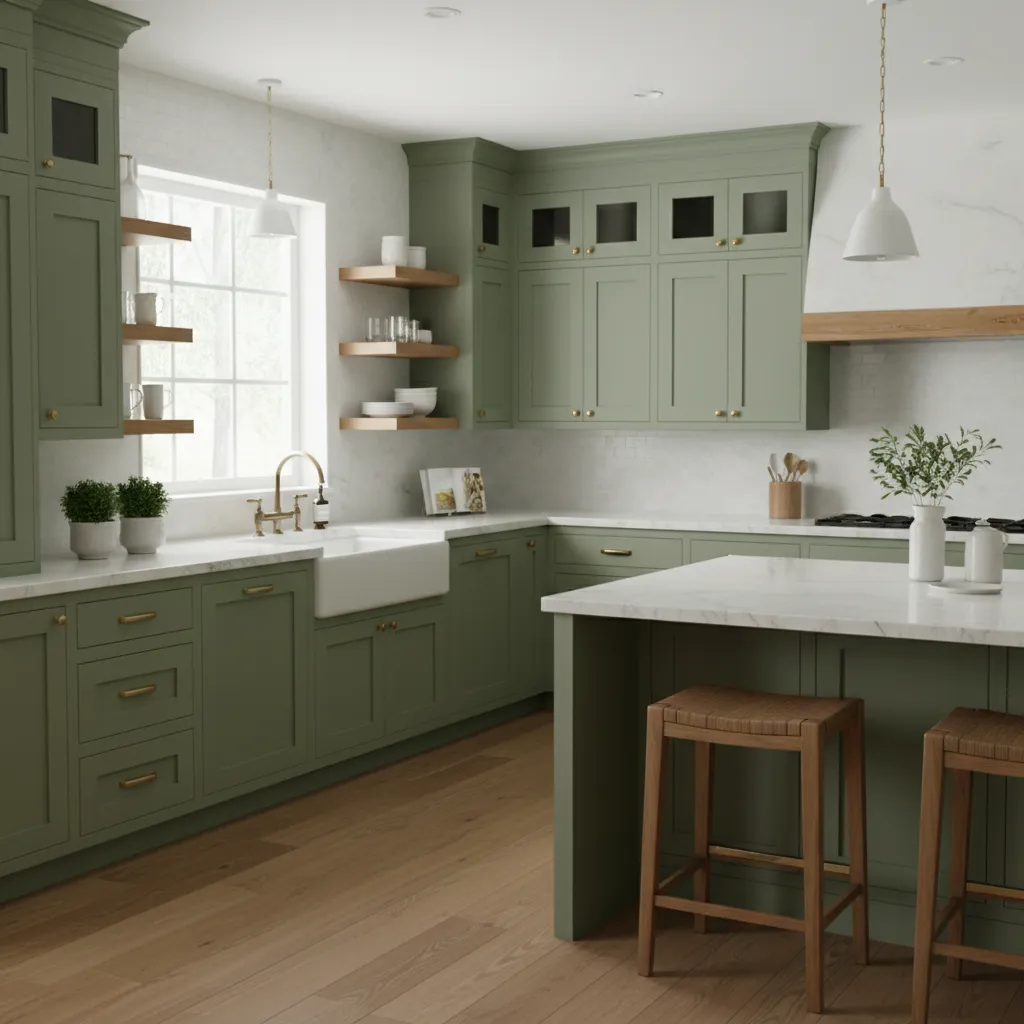 Sage green kitchen cabinets paired with marble countertop and wood accents