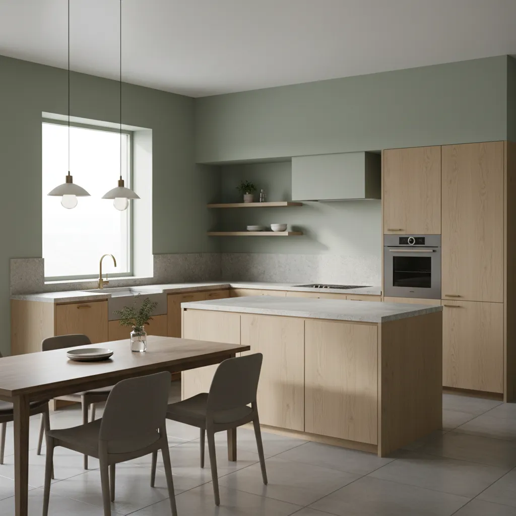 kitchen interior with sage green walls and wood cabinets