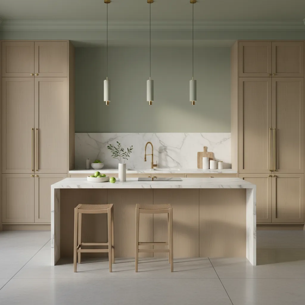 Kitchen with sage green walls and wood cabinets