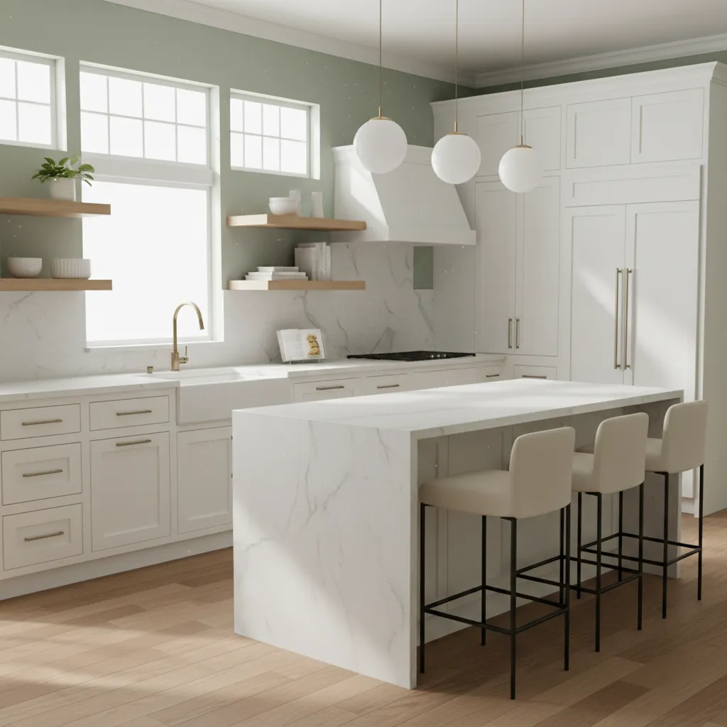 Kitchen interior with sage green walls and white cabinets