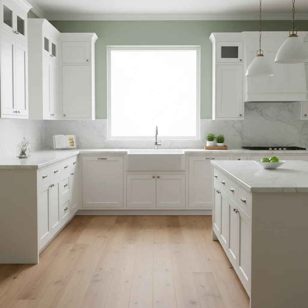 bright kitchen with soft sage green walls white cabinets and natural daylight