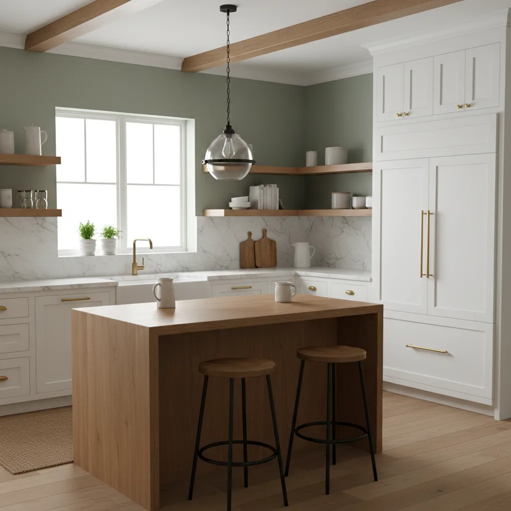 Sage green kitchen walls paired with white cabinets