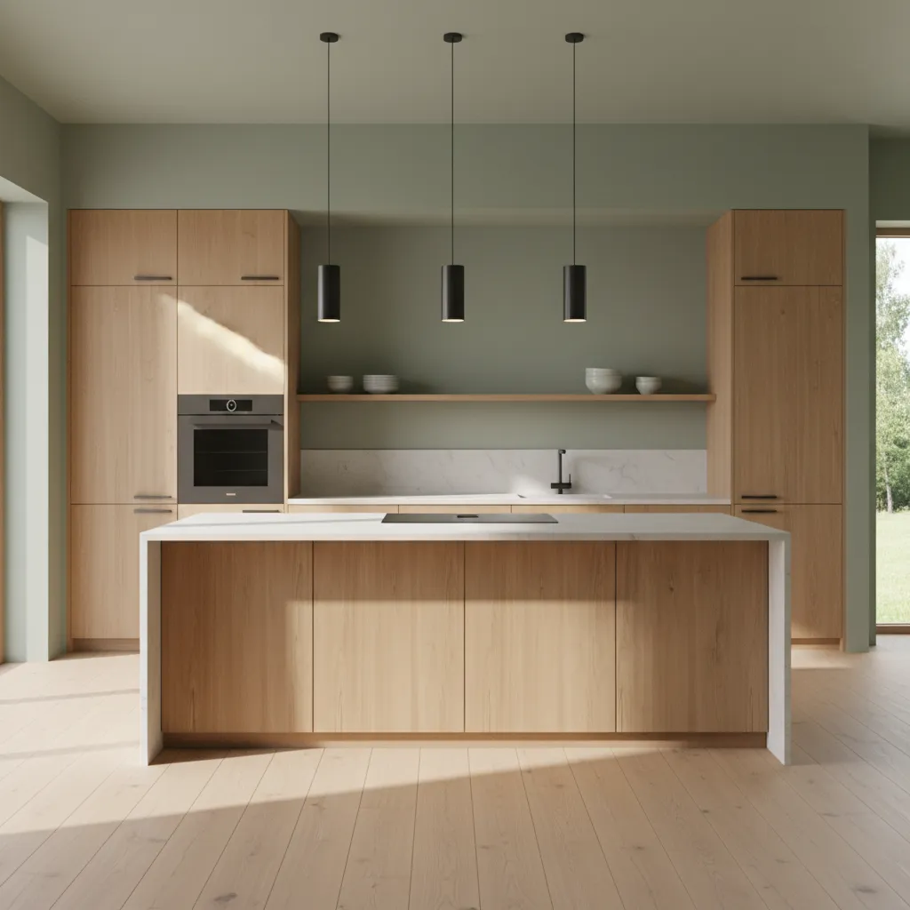 Kitchen layout showing sage green walls paired with wood cabinets