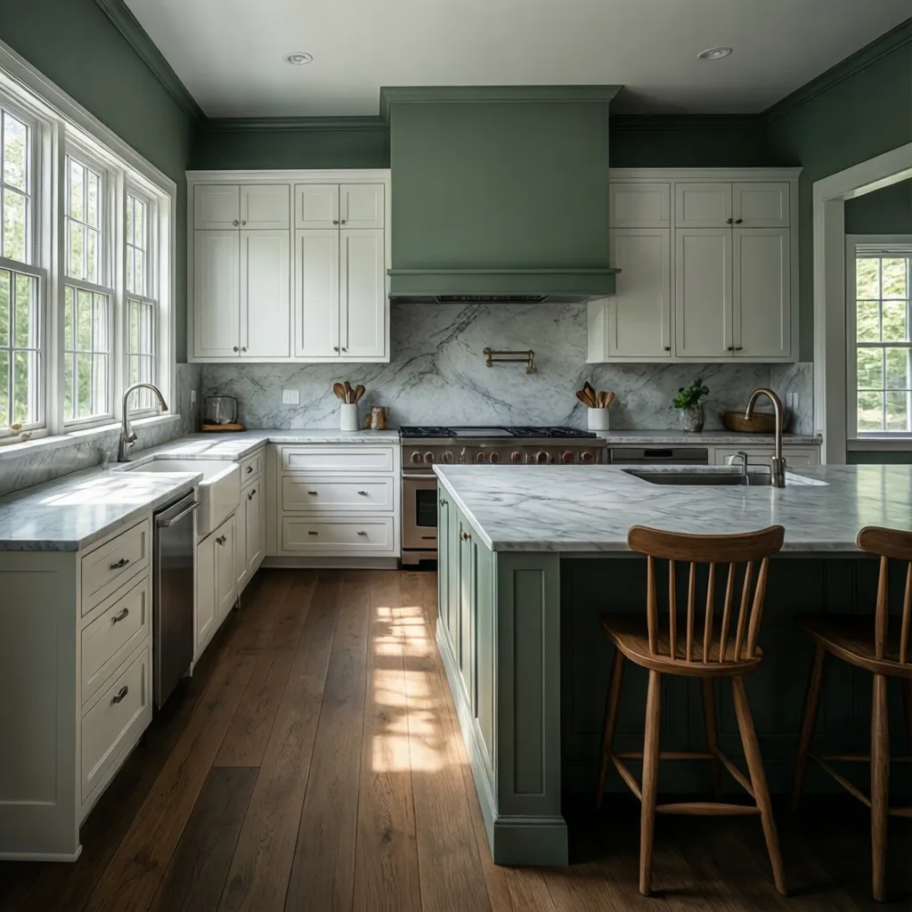 Sage green kitchen walls paired with white cabinets and marble countertops