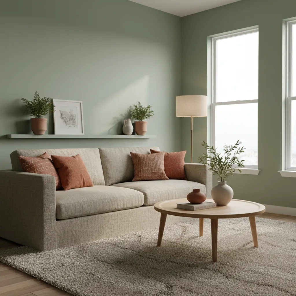Beige linen sofa paired with sage green walls in a modern living room