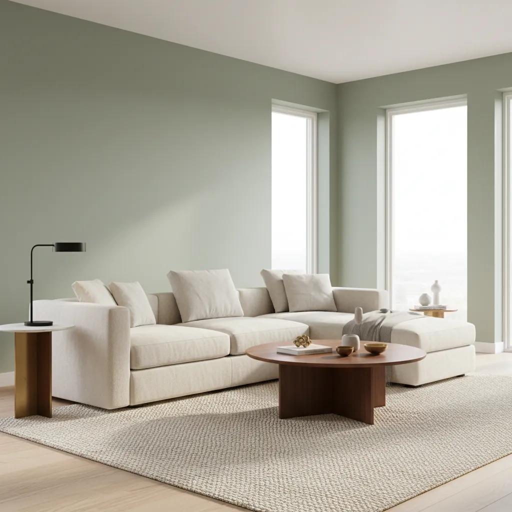 Styled sage green living room showing balanced furniture color palette