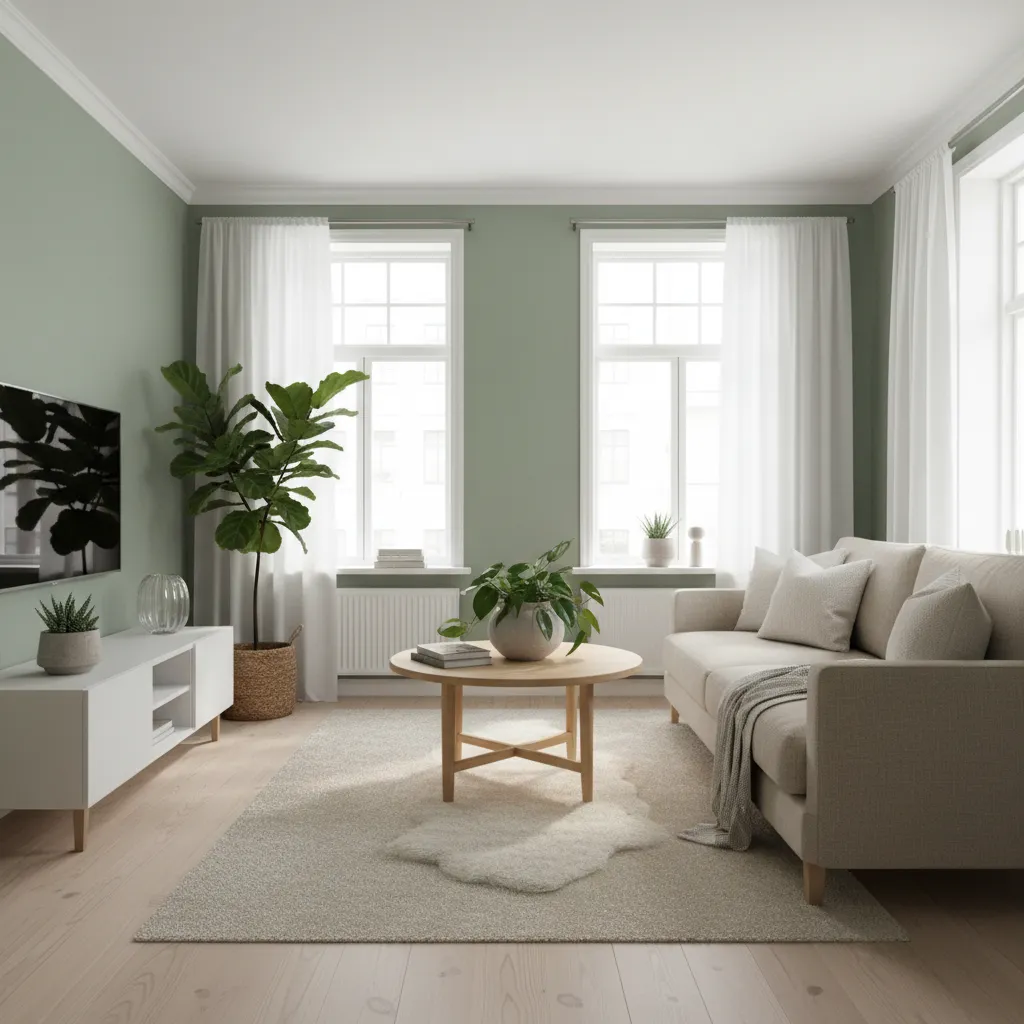 Bright living room with sage green walls neutral sofa and wooden furniture