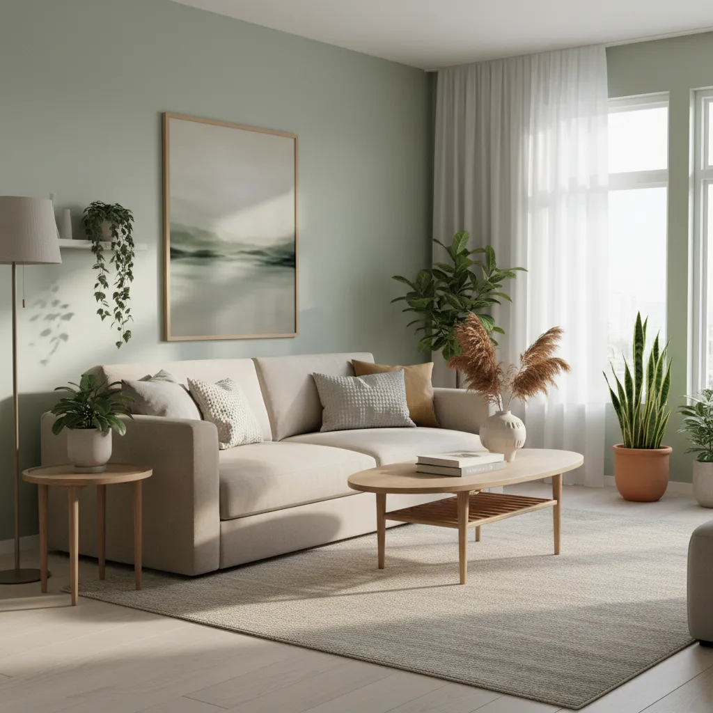 light sage green living room with neutral furniture and natural lighting