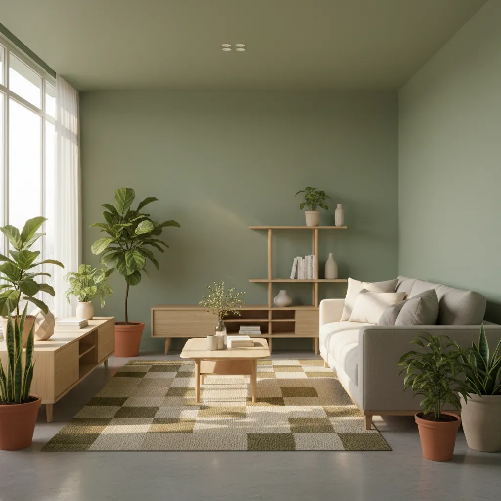 sage green painted living room with plants and light wood furniture